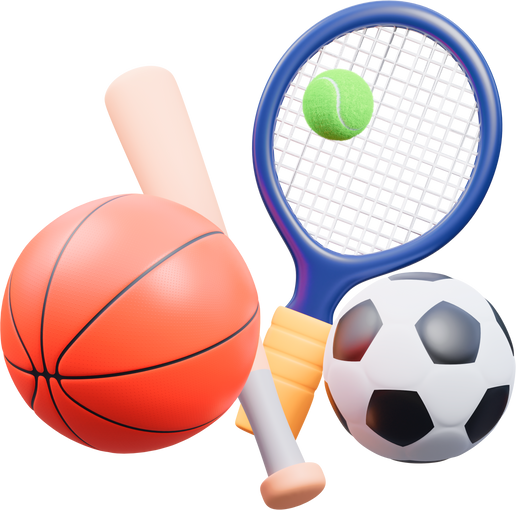 농구공, 야구 배트, 테니스 공과 라켓, 그리고 축구공이 한데 모여있는 3D 아이콘